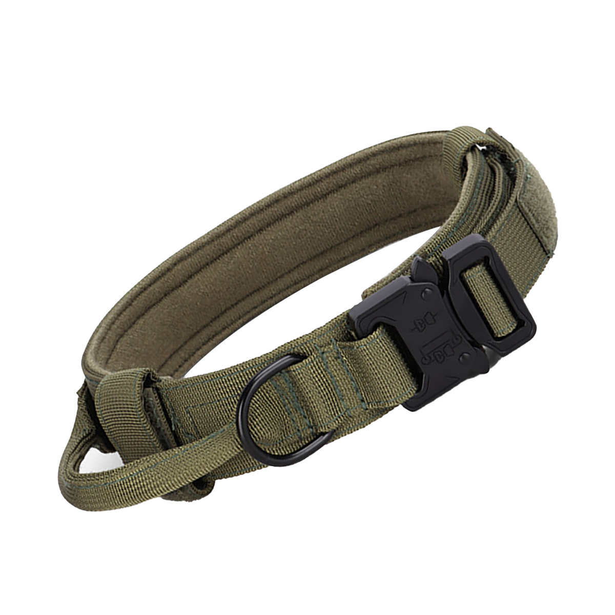 Ein olivgrünes Hundehalsband mit schwarzer Schnalle, isoliert auf weißem Hintergrund.