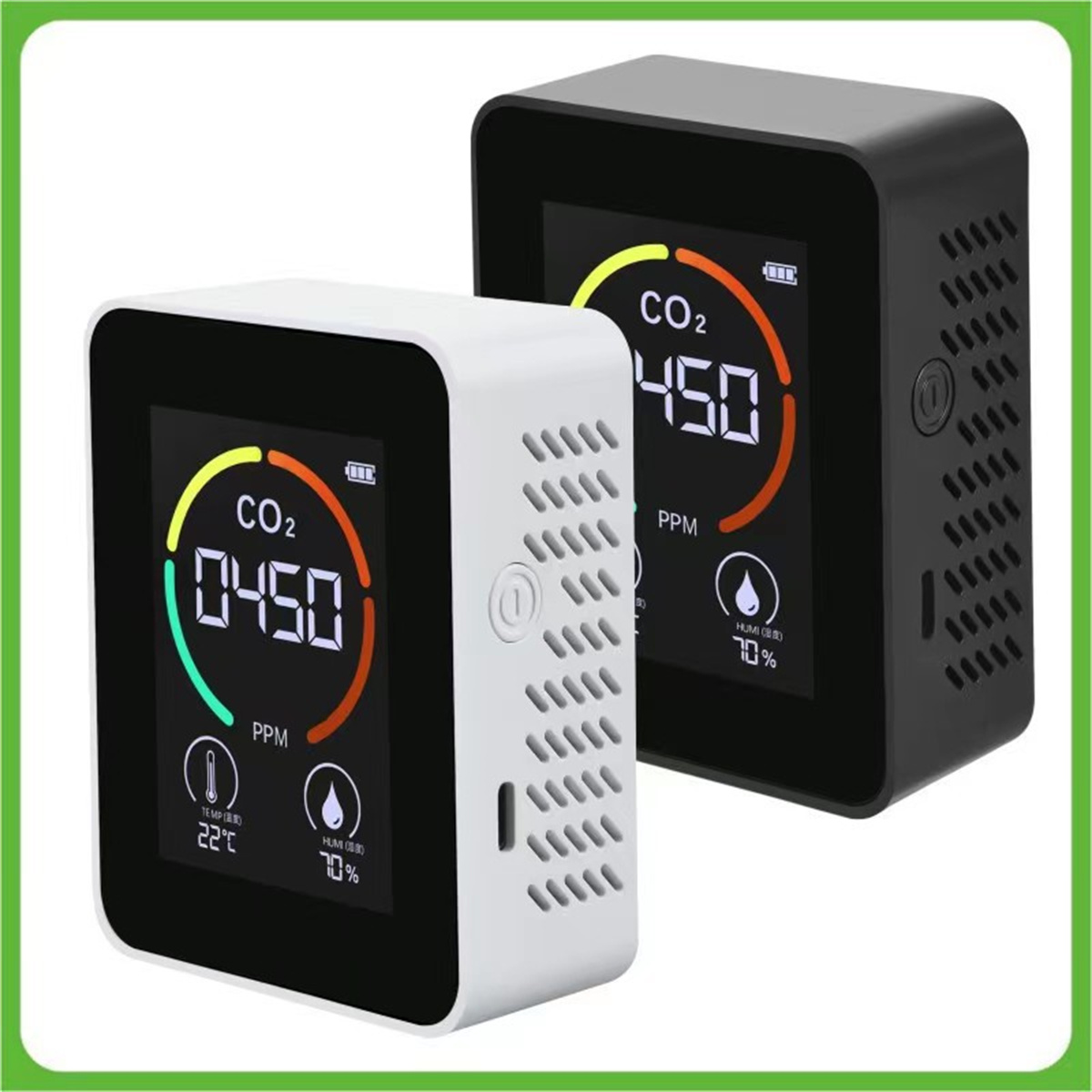 Zwei CO2-Monitore mit Digitalanzeigen, die CO2-Werte, Temperatur und Luftfeuchtigkeit anzeigen.