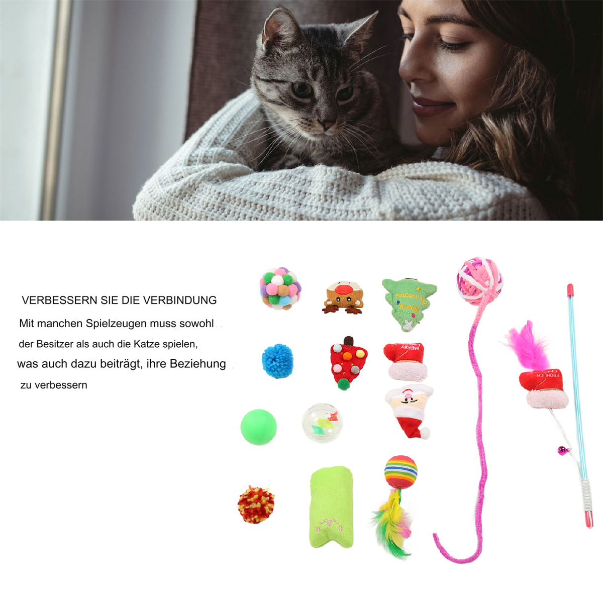 Eine Frau mit einer Katze. Katzenspielzeug wird unten angezeigt. Text auf Deutsch über die Verbesserung der Bindung.