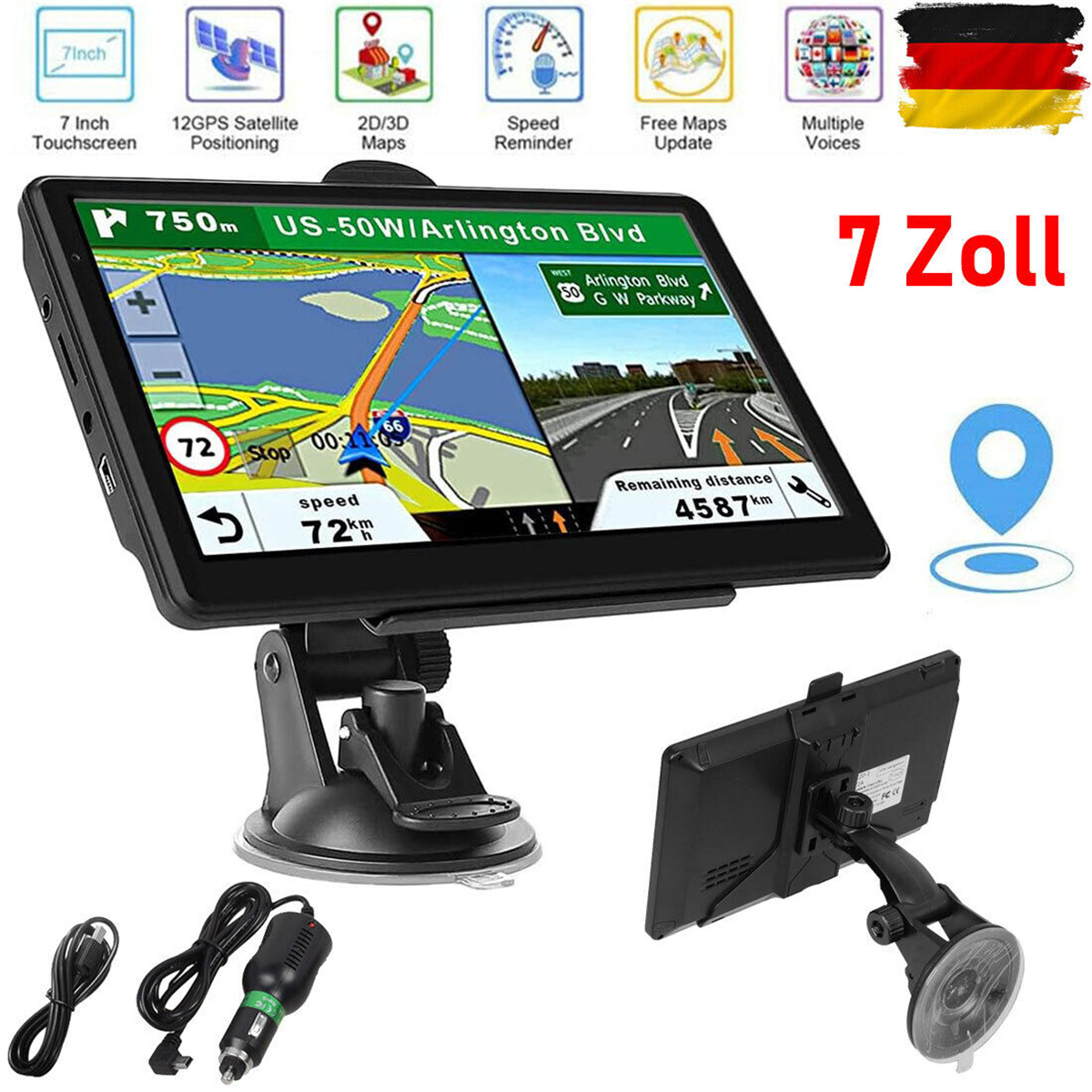 Ein GPS-Navigationsgerät, das eine Karte und andere Informationen anzeigt. Zubehör befindet sich darunter.