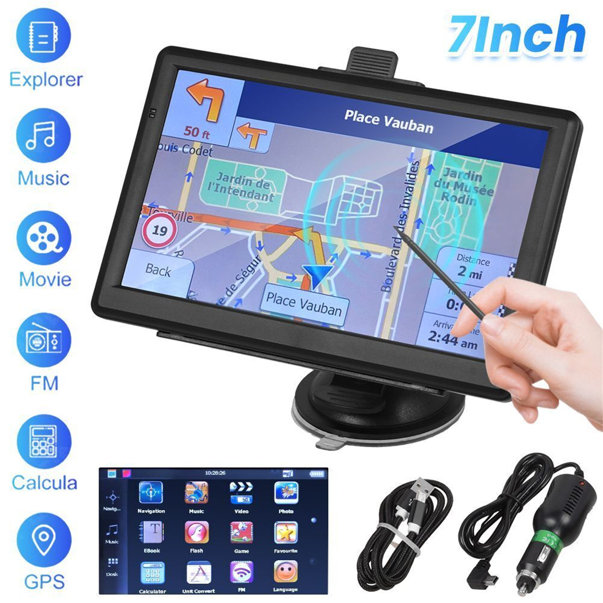 Ein GPS-Gerät zeigt eine Karte und Navigationsdetails. Zubehör wie ein Ladekabel und ein Stift sind vorhanden.