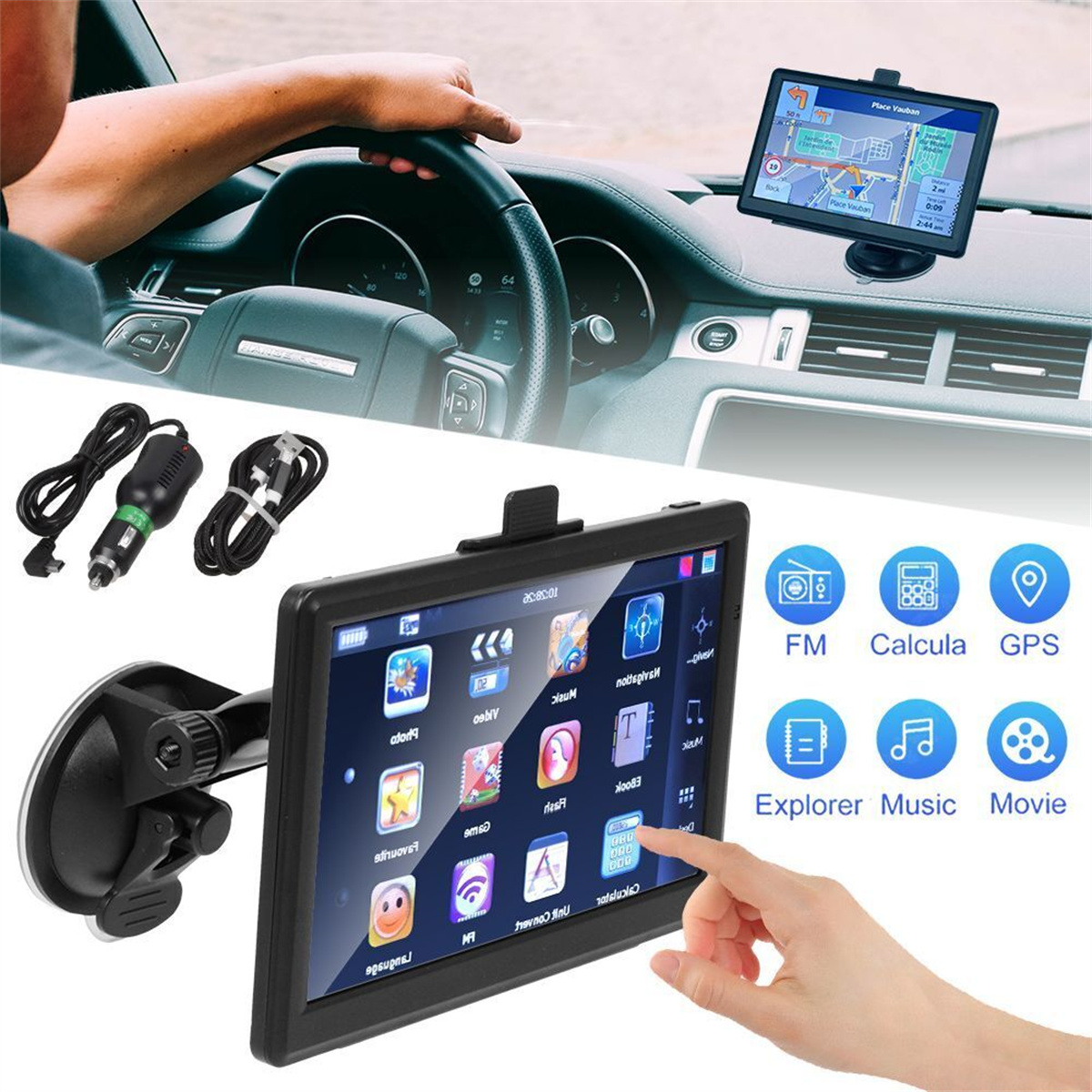 GPS-Gerät im Auto mit Karte. Hand am Touchscreen. Kabel und ein weiteres GPS sind vorhanden.