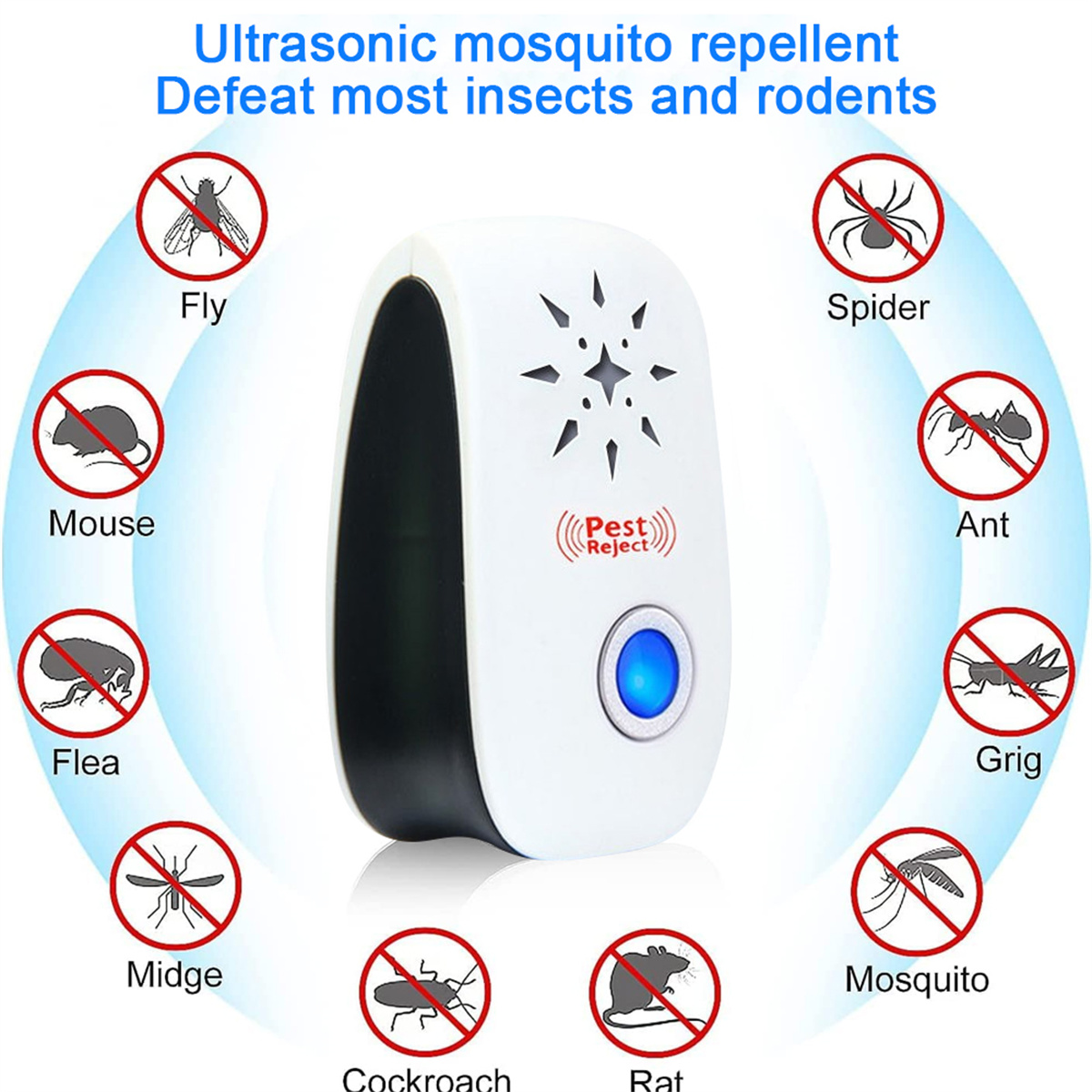 Weißes Ultraschall-Mückenabwehrgerät mit Insekten-Symbolen mit rotem Kreuz.