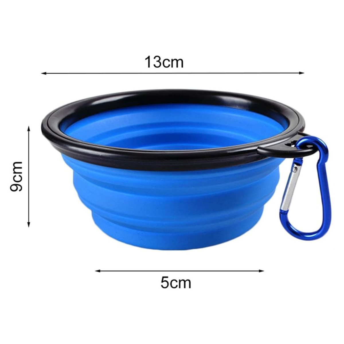 Eine zusammenklappbare blaue Haustier-Schüssel mit schwarzem Rand und Karabinerhaken, und die Maße werden gezeigt.