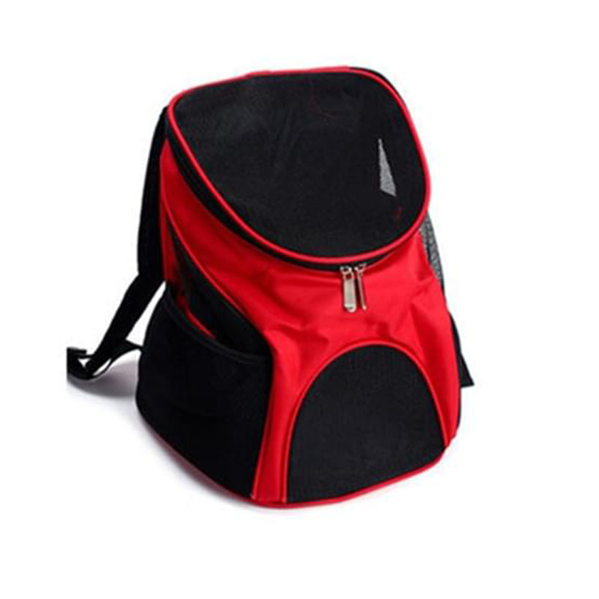 Roter und schwarzer Haustierrucksack. Reißverschlüsse und Netzfenster.