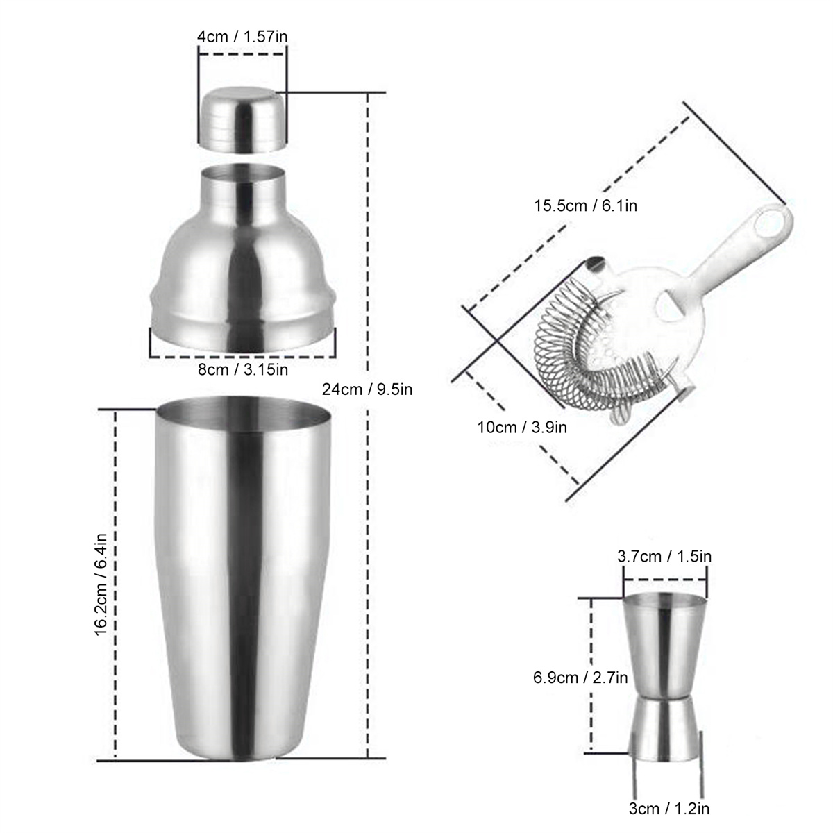 Cocktail-Set mit Shaker, Sieb, Messbecher und Mixglas, mit Maßen in cm und Zoll.