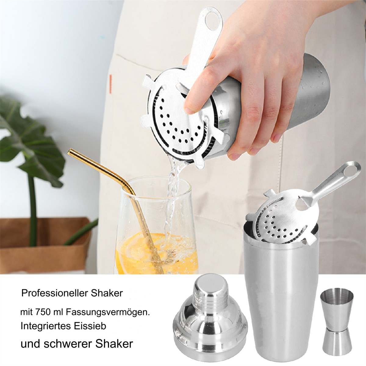 Ein Barkeeper gießt Flüssigkeit aus einem Shaker in ein Glas, mit Shaker und Werkzeugen.