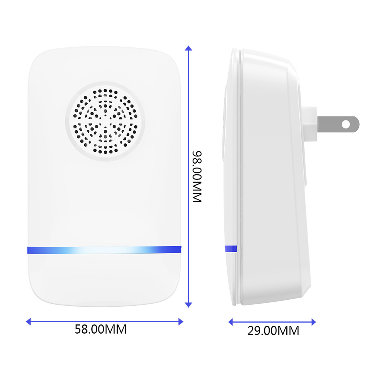Weißer rechteckiger Steckdosenadapter mit Abmessungen. Es ist für den Hausgebrauch.