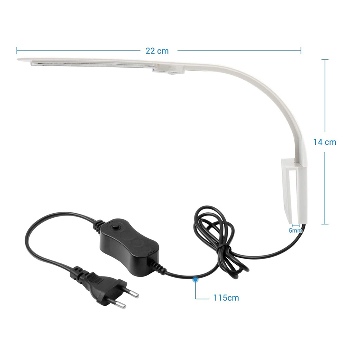 Weiße und graue LED-Aquarienleuchte, Details zu Abmessungen und Netzkabel.