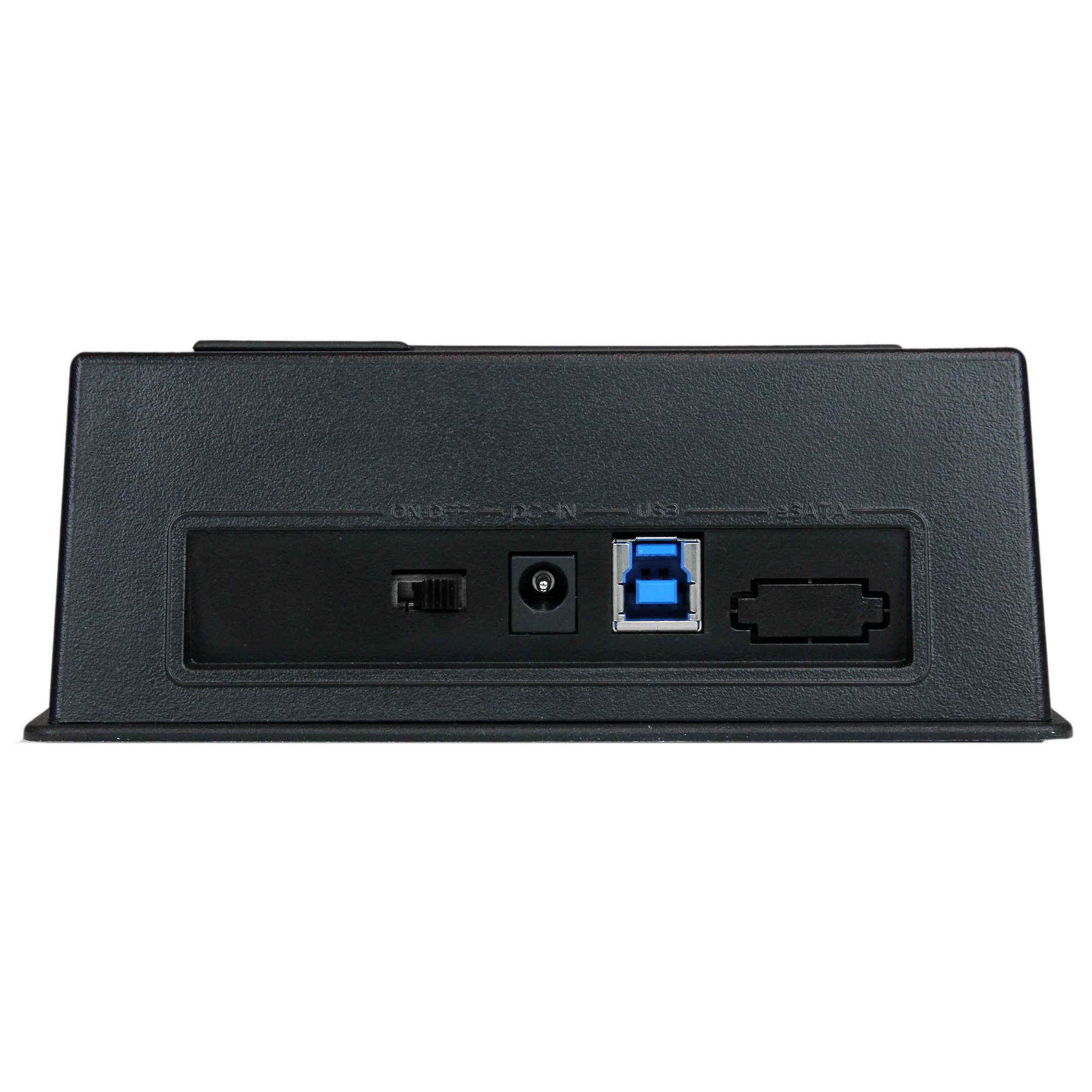 Een zwart apparaat met poorten aan de achterkant, waaronder USB en SATA. Er is een schakelaar.