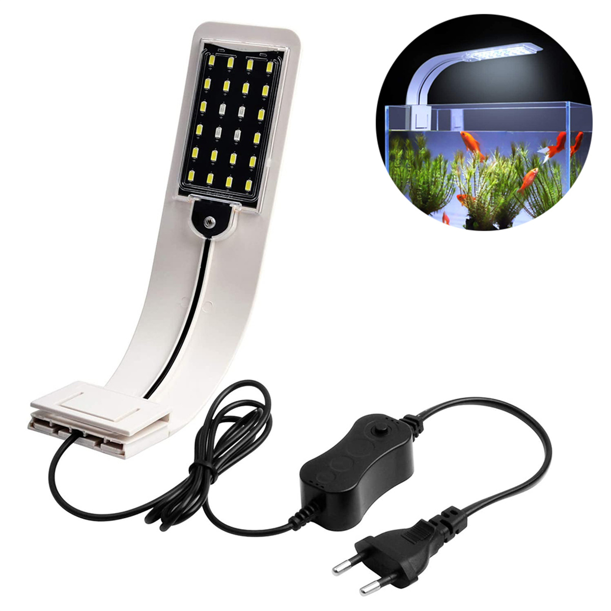 Weißes Aquarium-LED-Licht mit schwarzem Kabel und Controller. Ein kleiner Tank mit Fischen ist im Kreis.