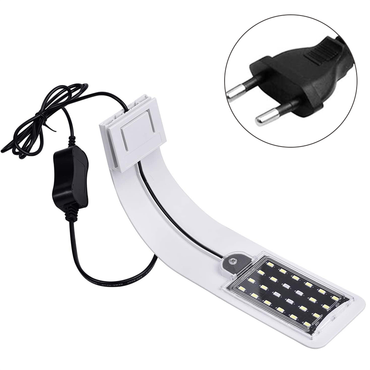 Weißes Aquarium-LED-Licht mit schwarzem Netzkabel und Stecker im Hintergrund.