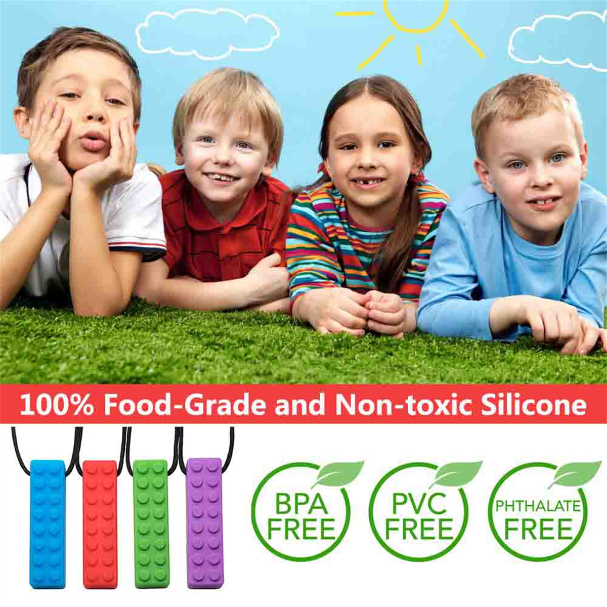 Vier Kinder liegen auf Gras mit bunten Silikon-Beißspielzeugen und BPA-, PVC- und phthalatfreien Etiketten.