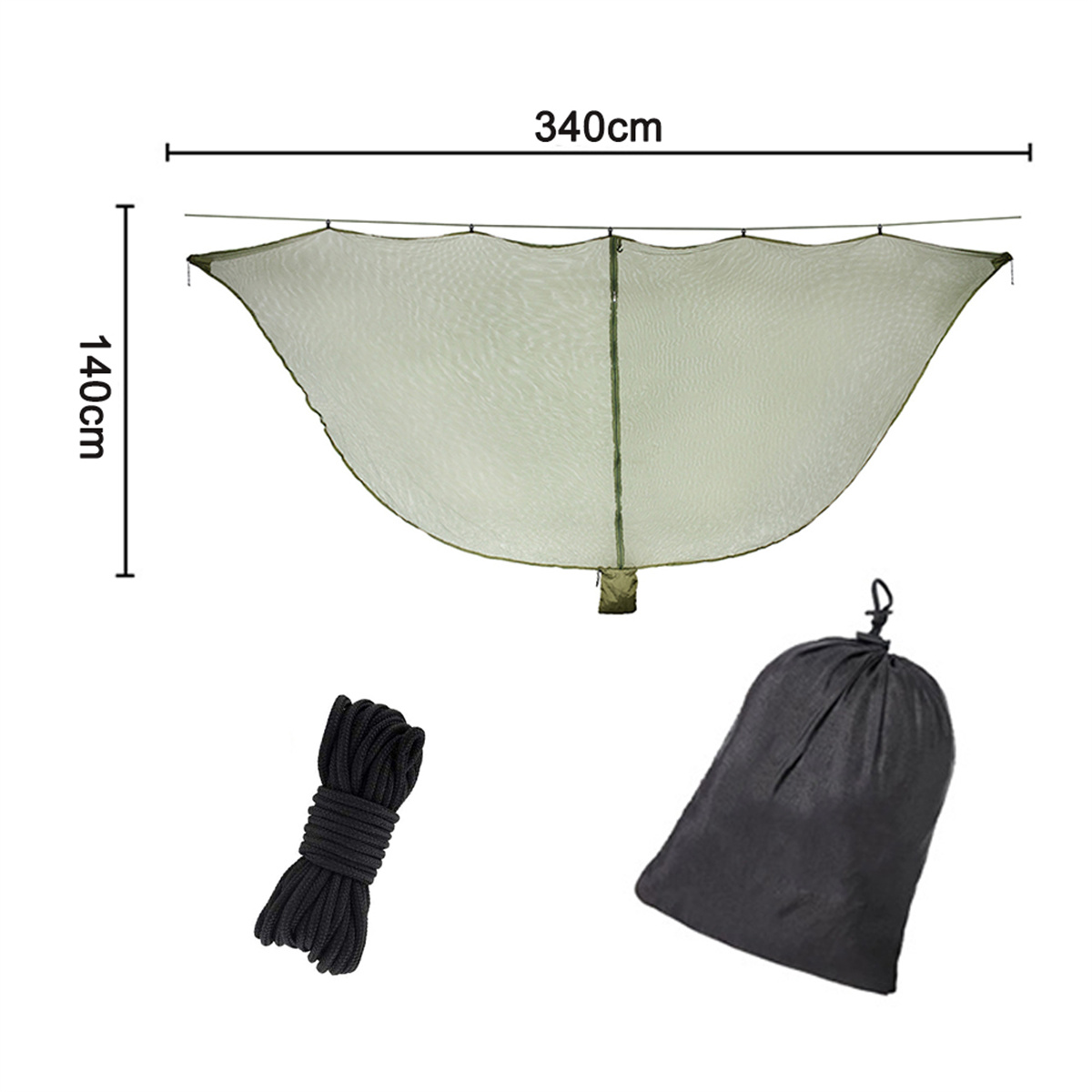 Ein Moskitonetz mit beschrifteten Abmessungen, ein schwarzes Seil und eine schwarze Tasche auf weißem Grund.