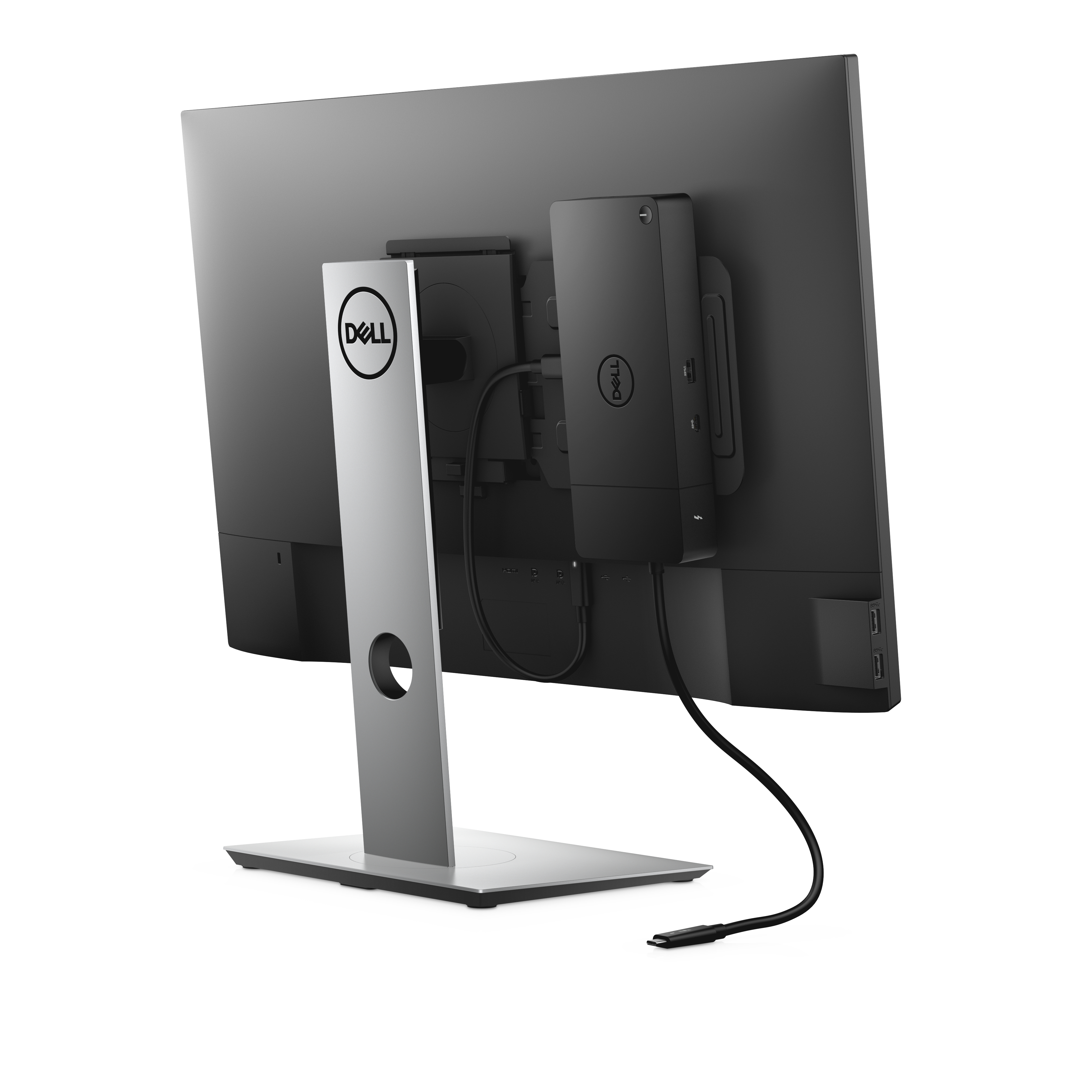 Computerbildschirm und eine Dockingstation auf der Rückseite befestigt. Weißer Hintergrund.