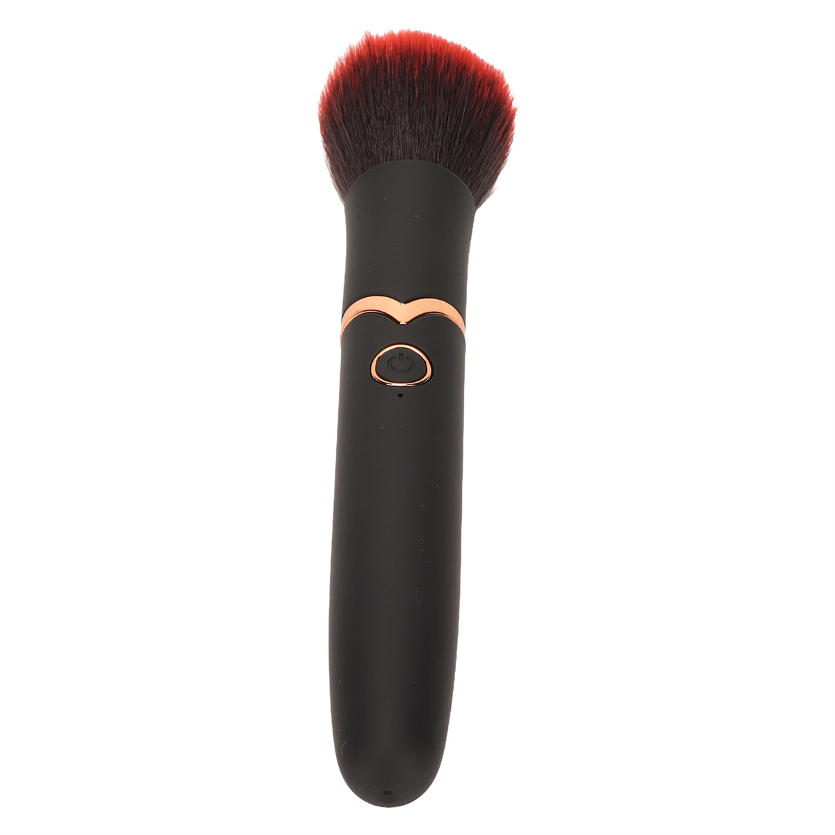 Schwarzer Make-up-Pinsel mit roten Borsten, goldenen Akzenten und einem Ein-/Ausschalter. Weißer Hintergrund.