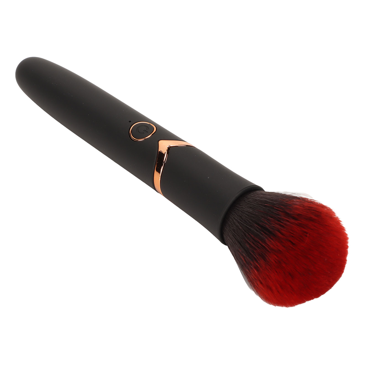 Schwarzer elektrischer Make-up-Pinsel mit roten und schwarzen Borsten, goldener Zierleiste und Knopf.