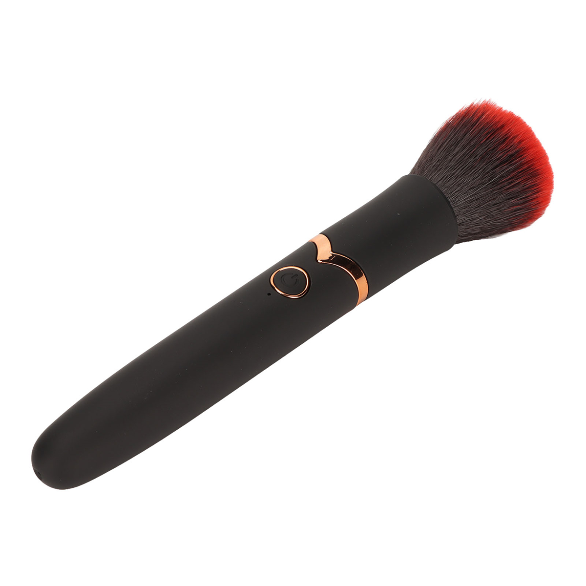 Schwarzer elektrischer Make-up-Pinsel mit roten Borsten. Verfügt über goldene Akzente und einen Knopf.