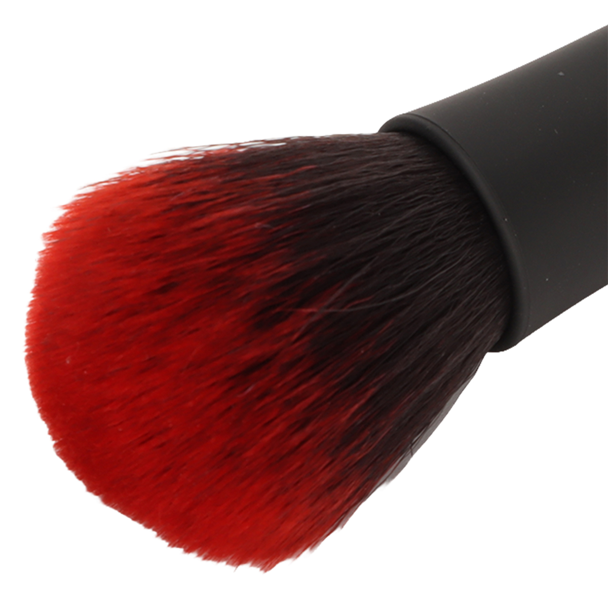 Ein Make-up-Pinsel mit schwarzem Griff und roten und schwarzen Borsten.