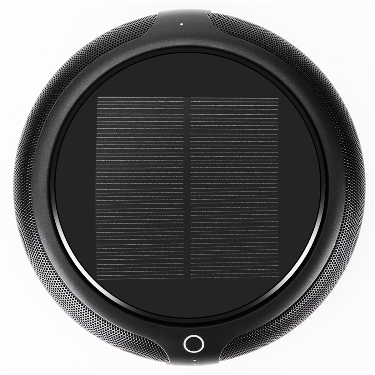 Ein schwarzer, runder Luftreiniger mit Mesh-Design und dunklem Solarpanel.