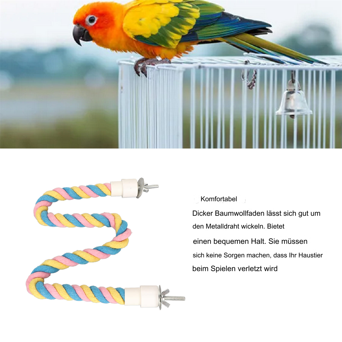 Ein Papagei in einem Käfig mit Spielzeug und Text über ein Baumwollseil für den Vogel.
