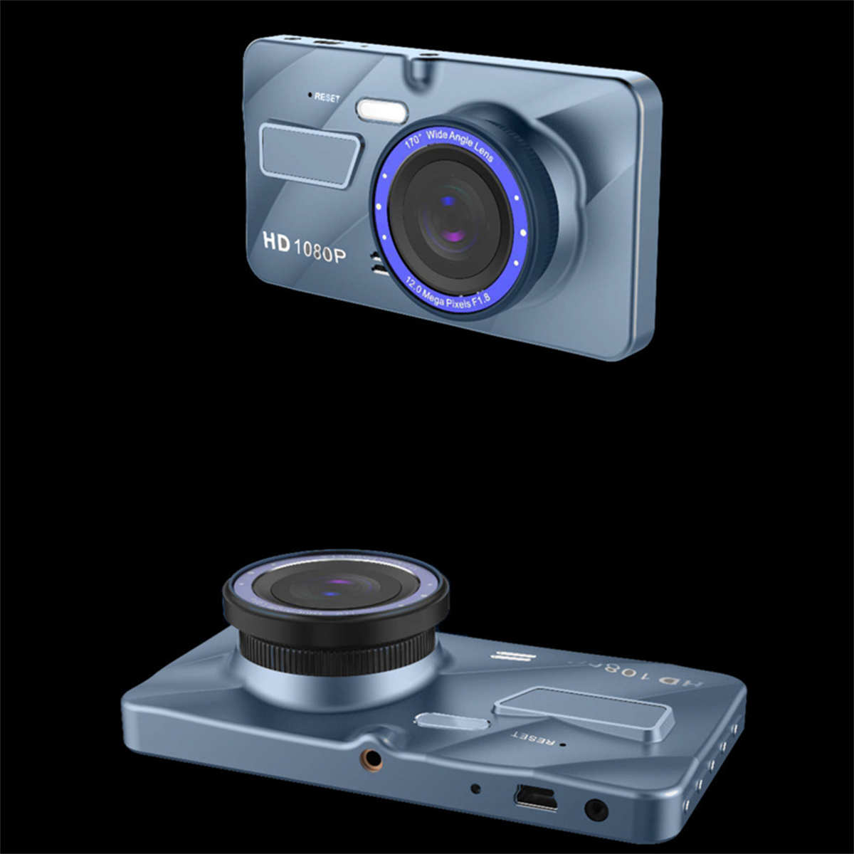Zwei Dashcams, eine von oben, eine von der Seite, beide blau.
