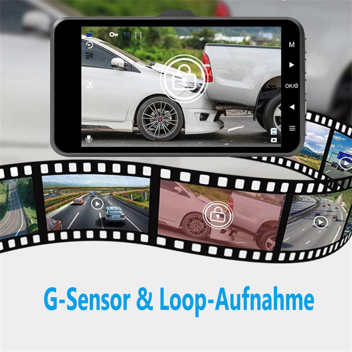 Ein Dashcam-Bildschirm zeigt einen Autounfall mit einem Auto und einem LKW. Mehrere Videobilder werden angezeigt.