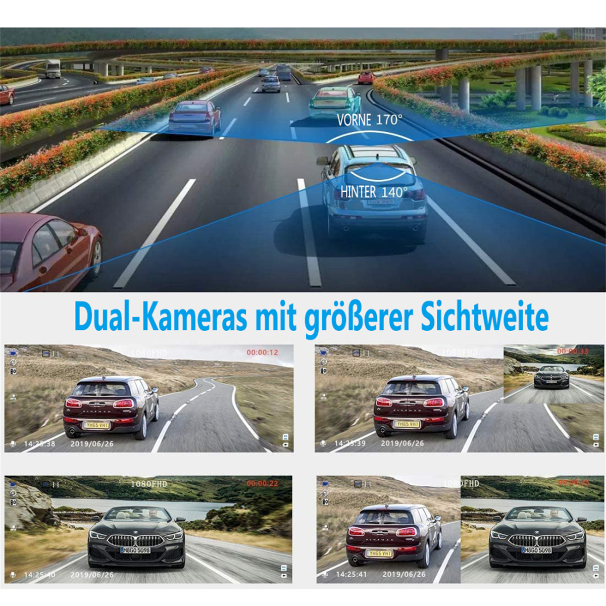 Bild, das eine Ansicht des Armaturenbretts eines Autos mit zwei Kameras zeigt, die Vorder- und Rückansicht zeigen.
