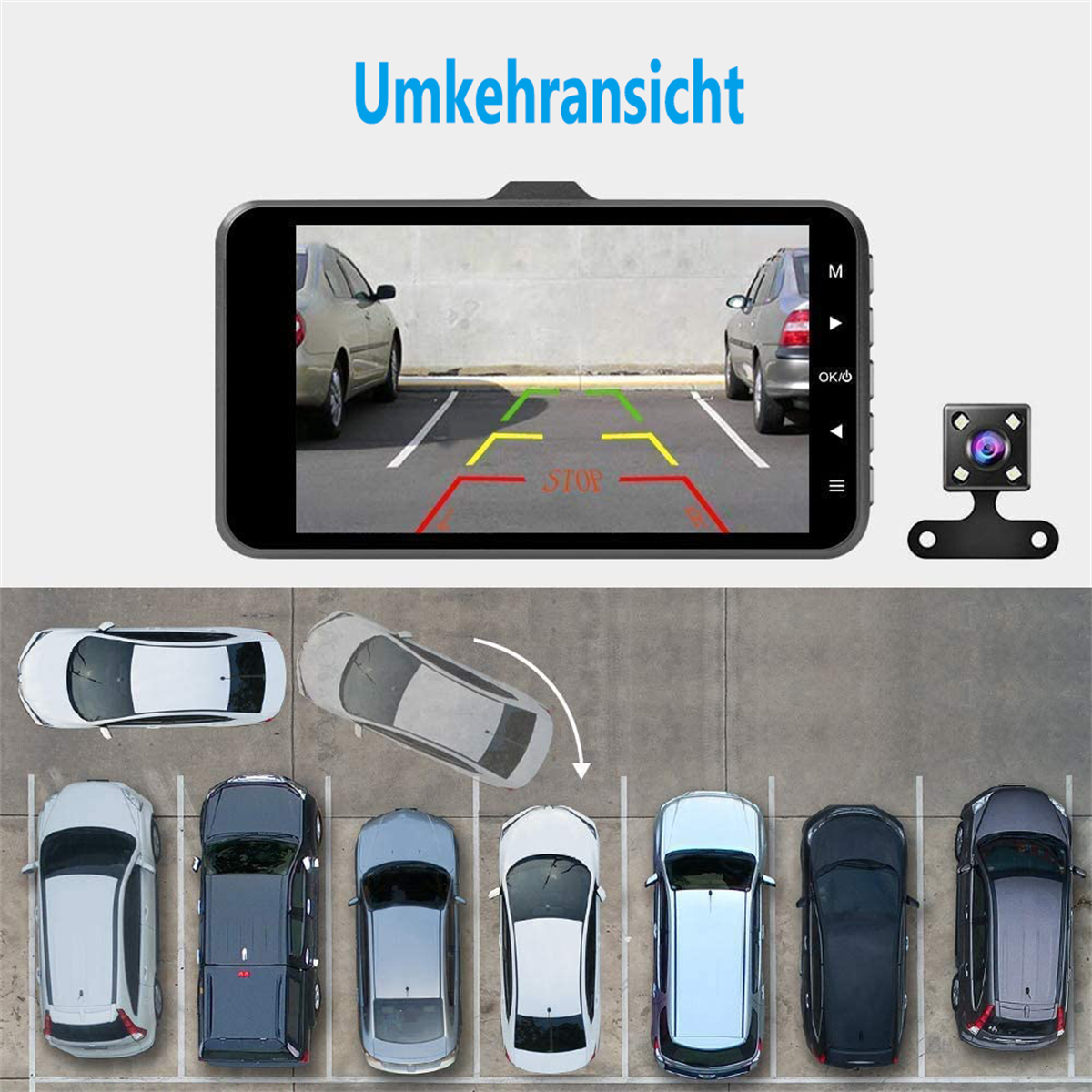 Der Bildschirm der Rückfahrkamera eines Autos zeigt eine Parkplatzansicht. Die Kamera und Autos sind von oben gezeigt.