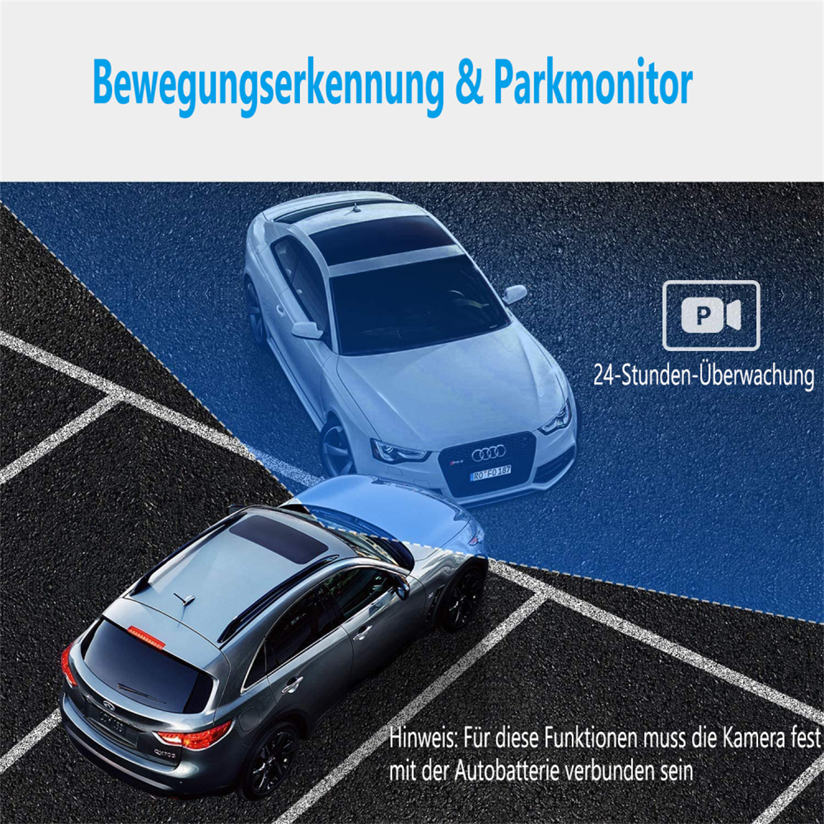 Zwei Autos parken auf Asphalt. Eines ist im Fokus und das andere unscharf.