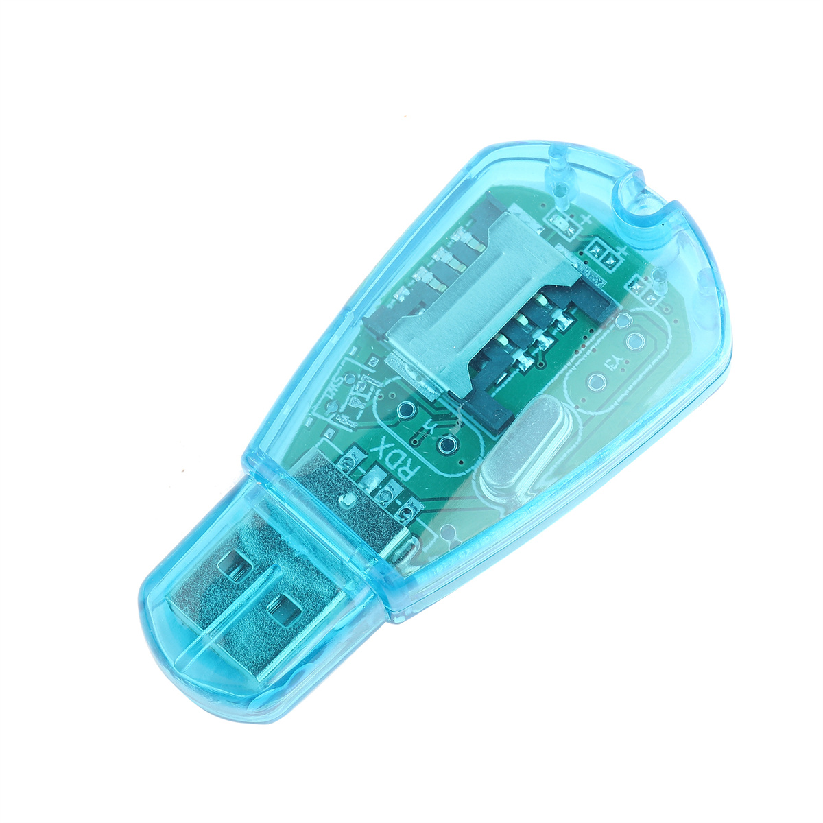 Blauer USB-Kartenleser mit SIM-Karten-Slot auf weißem Hintergrund.