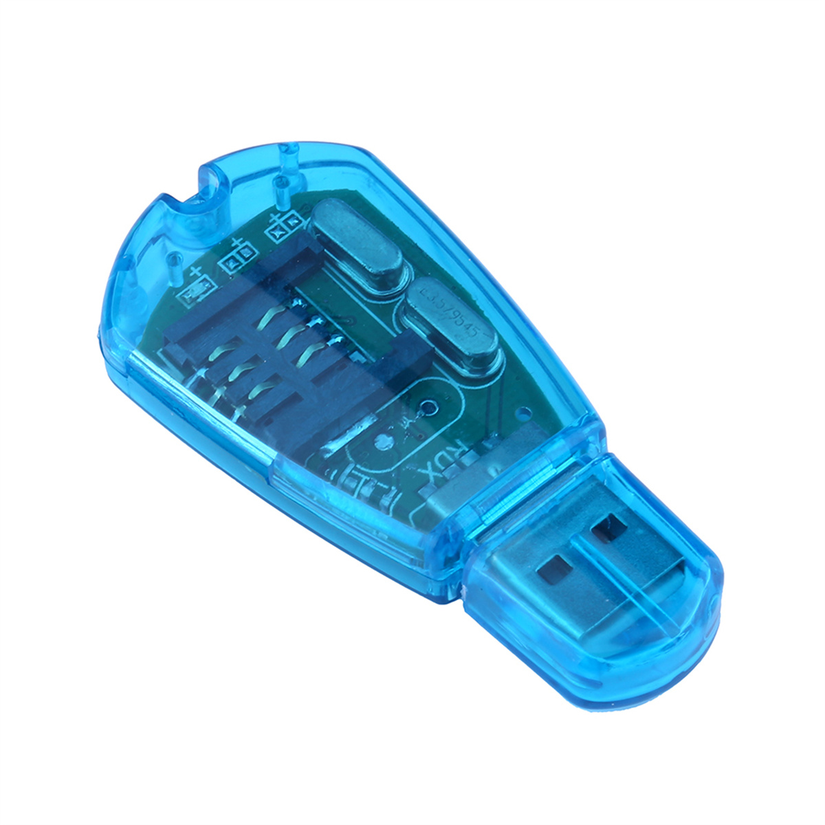 Blauer SIM-Kartenleser mit USB-Stecker. Der Leser ist transparent und hat interne Komponenten.