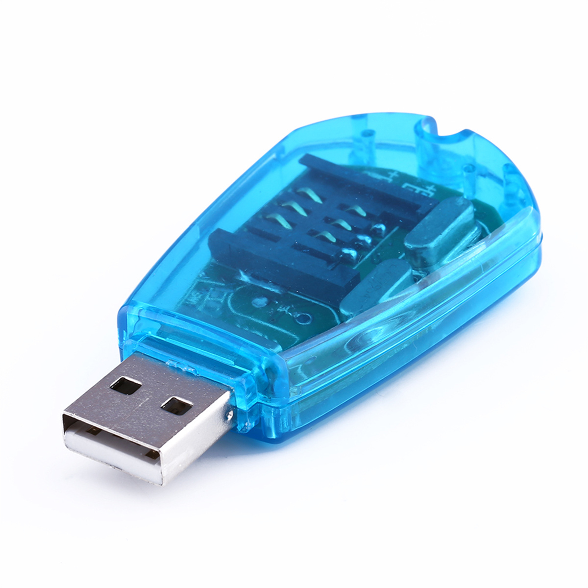 Ein blauer USB-SIM-Kartenleser, der zum Lesen von SIM-Karten und zum Anschließen an einen Computer bestimmt ist.