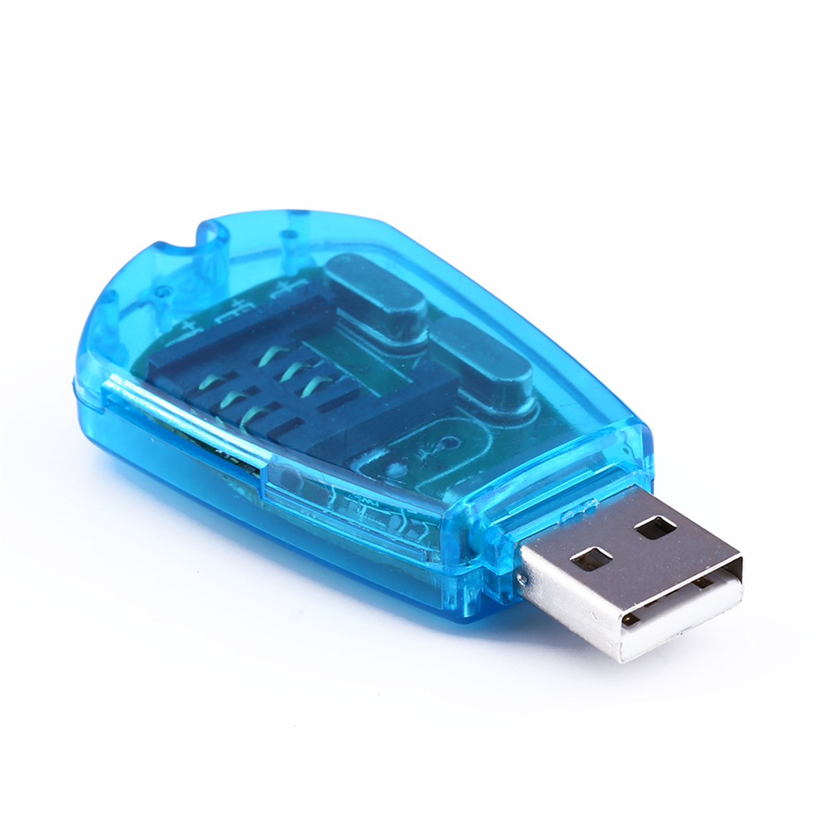 Blauer USB-Kartenleser, transparenter Kunststoff. Der Leser hat einen Steckplatz für eine Karte und einen USB-Anschluss.