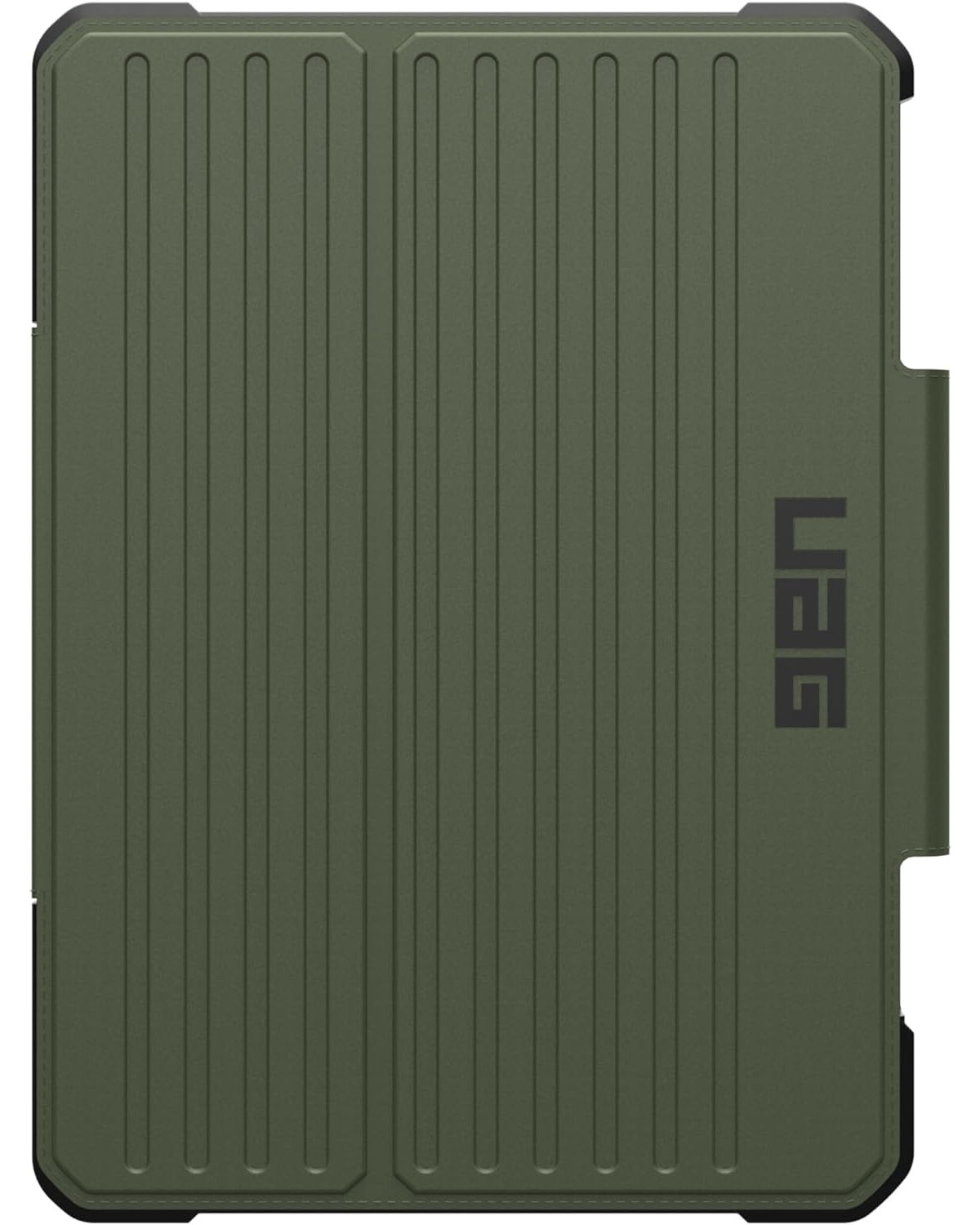 Olivgrüne Tablethülle. Vertikale Linien, schwarze Kanten und UAG-Logo.