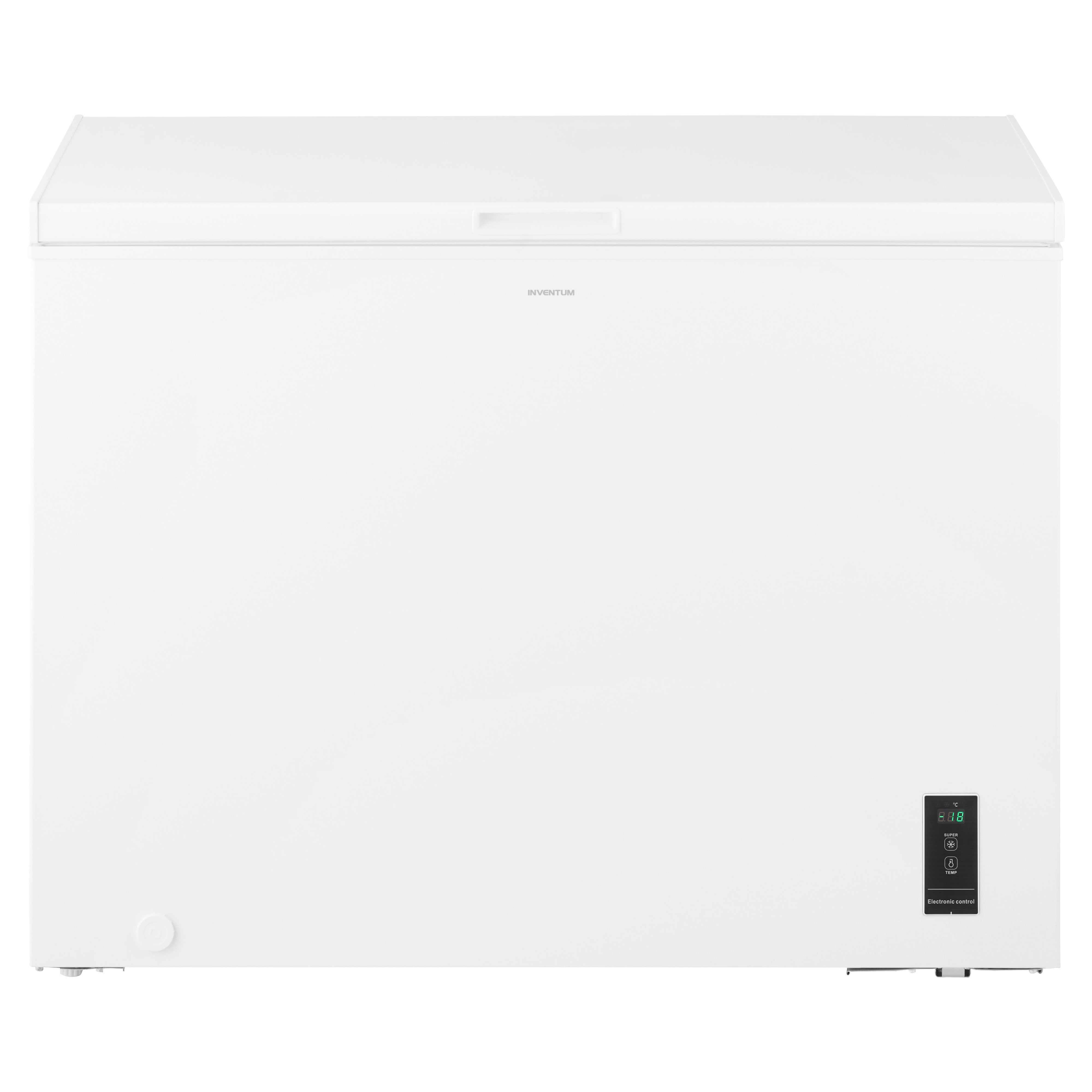 White chest freezer with a simple design and a digital display on the right side.