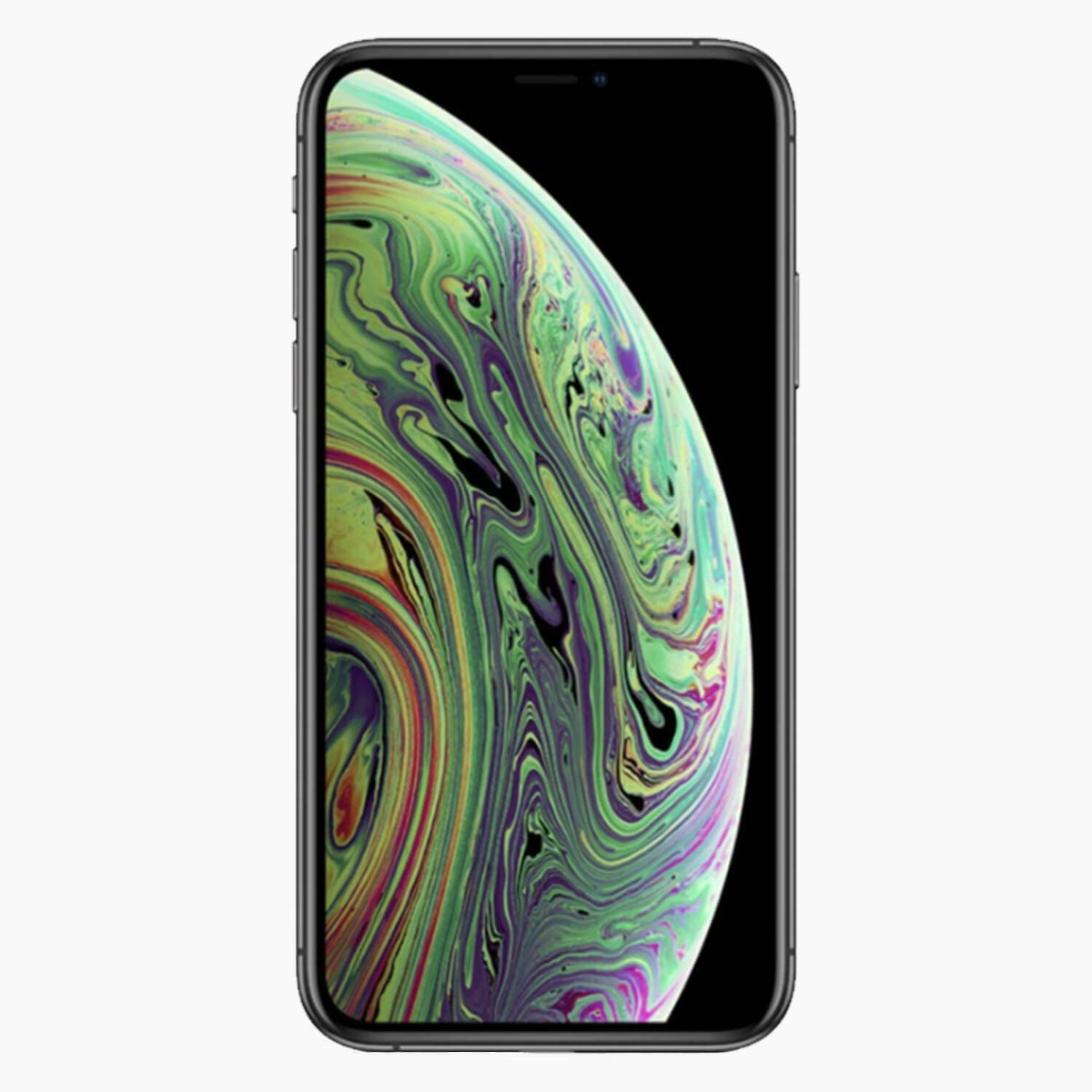 Close-up van een smartphonescherm met een kleurrijk, wervelend vloeistofpatroon.