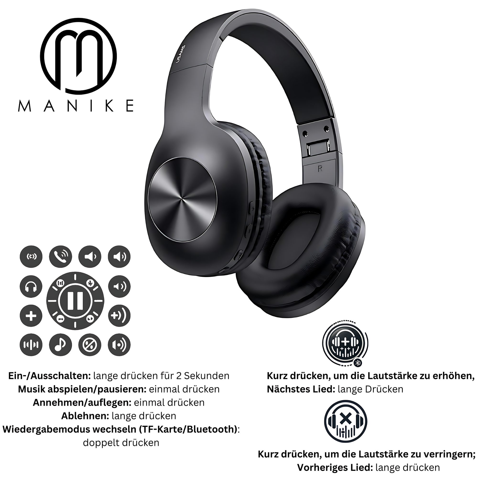 Czarne słuchawki na białym tle z ikonami sterowania i tekstem.