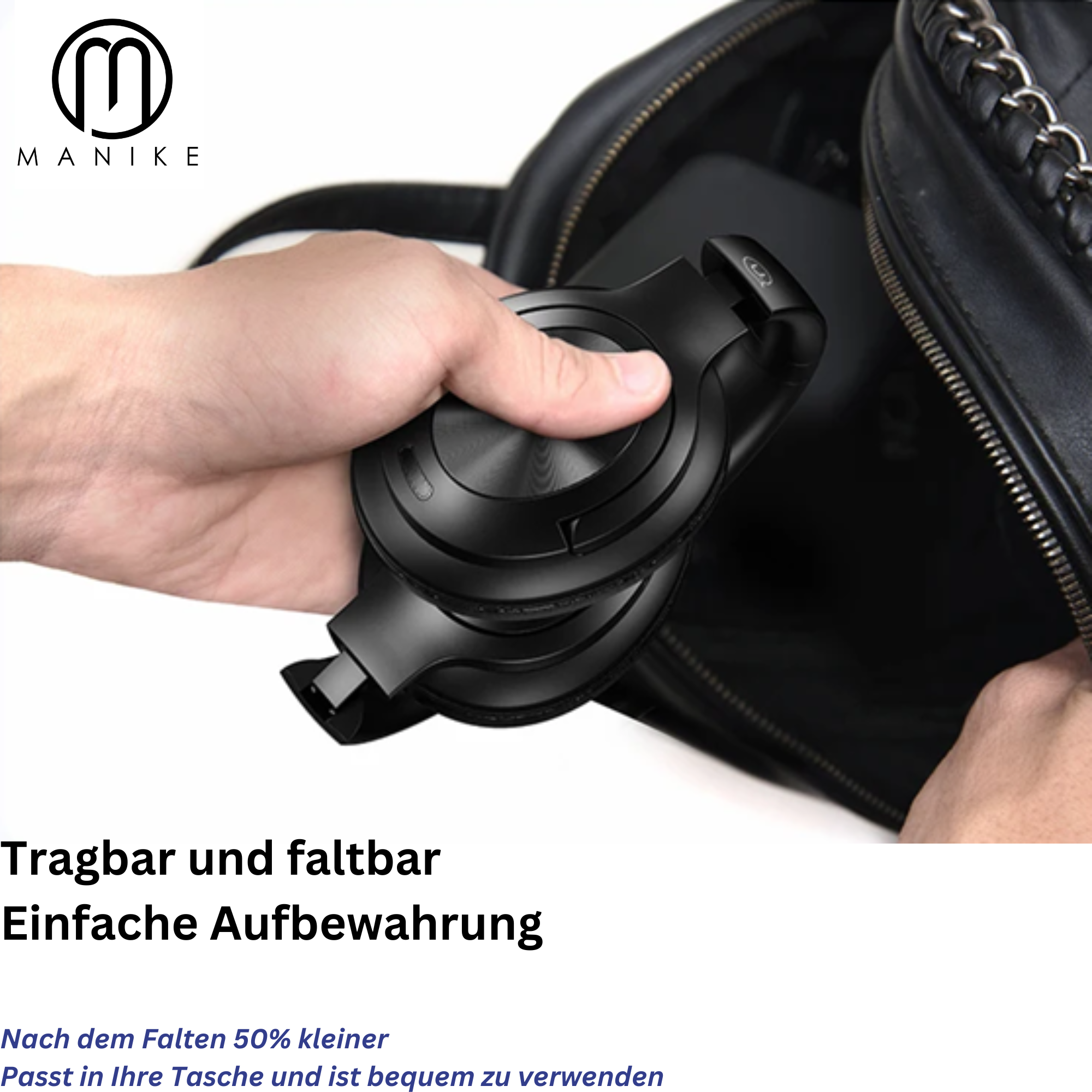 Czarne słuchawki złożone w czarnej torbie. Tekst: 'Przenośne i składane. Łatwe przechowywanie'.