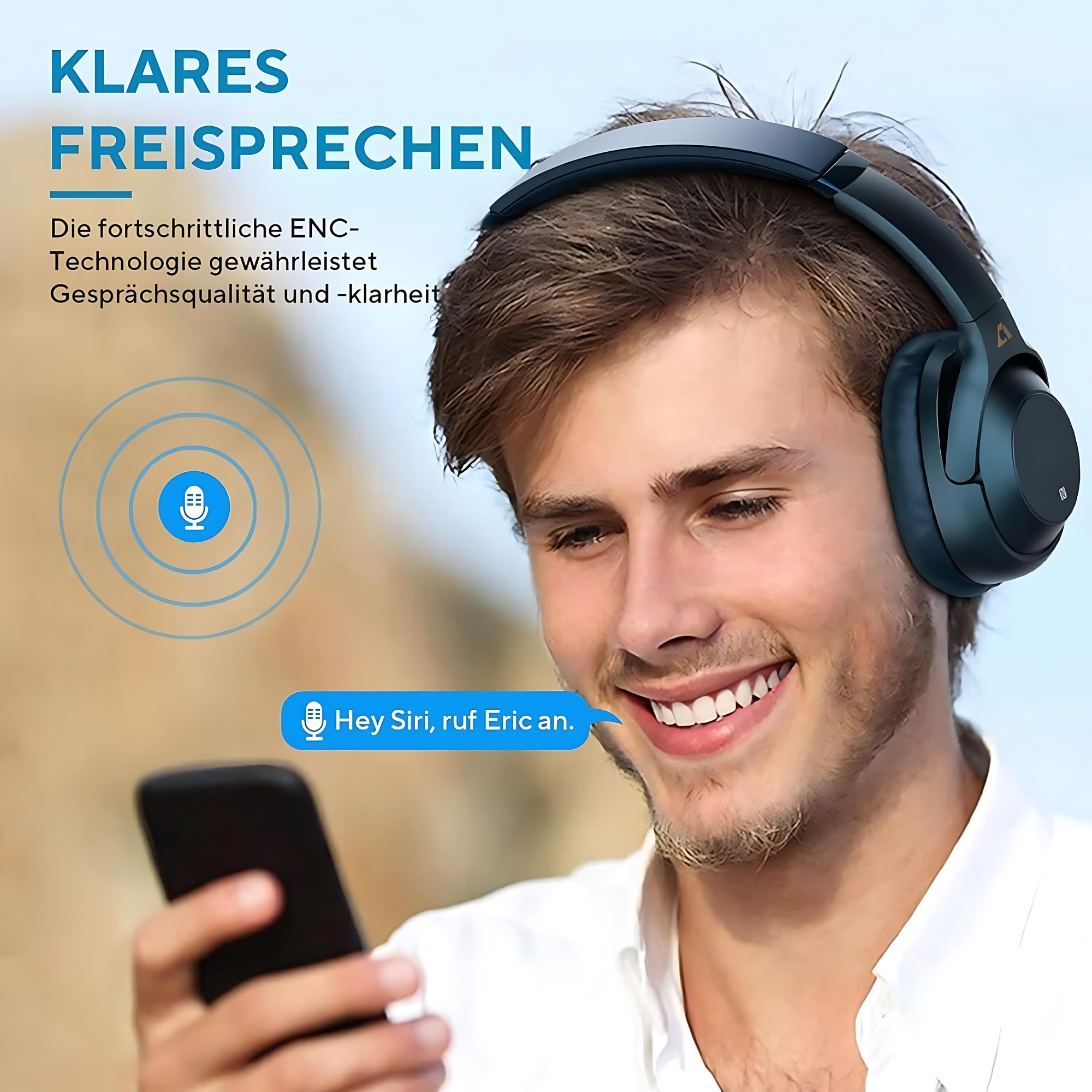 Ein Mann mit Kopfhörern lächelt und hält ein Telefon. Sprechblasen sagen: „Hey Siri, ruf Eric an“.