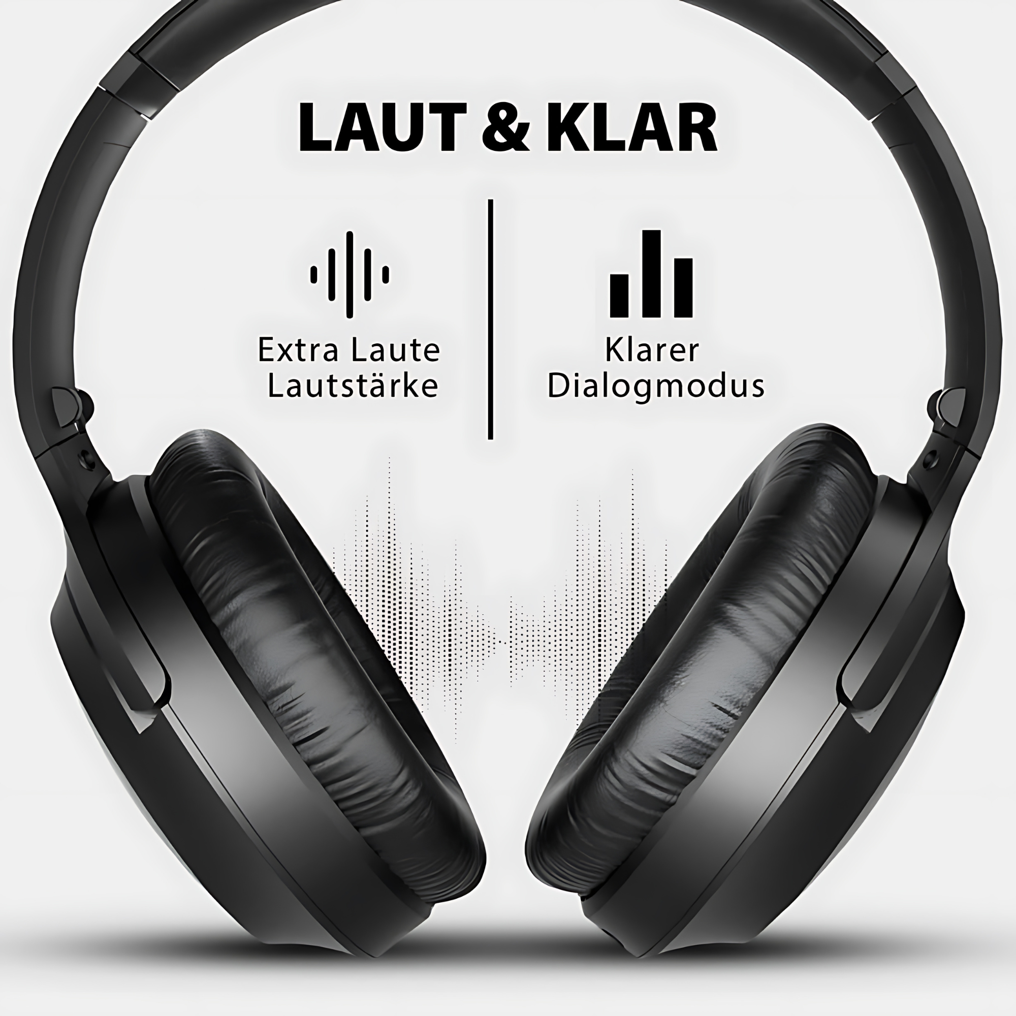 Czarne słuchawki z napisem 'LAUT & KLAR' nad nimi. Ikony pokazują bardzo głośną głośność i tryb wyraźnego dialogu.