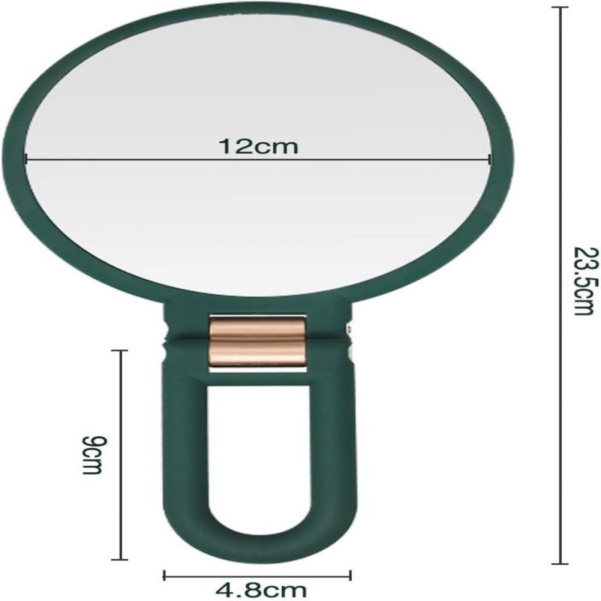 Grüner Handspiegel mit rundem Spiegel. Abmessungen: 12 cm Spiegeldurchmesser, 23,5 cm hoch, 9 cm Griff.