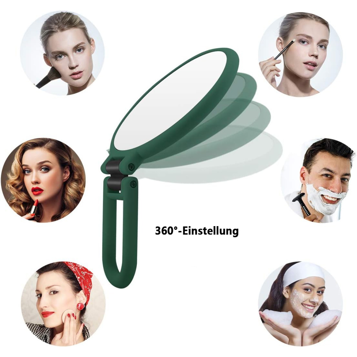 Ein grüner Klappspiegel mit sieben Personen, die Make-up und Rasur demonstrieren.