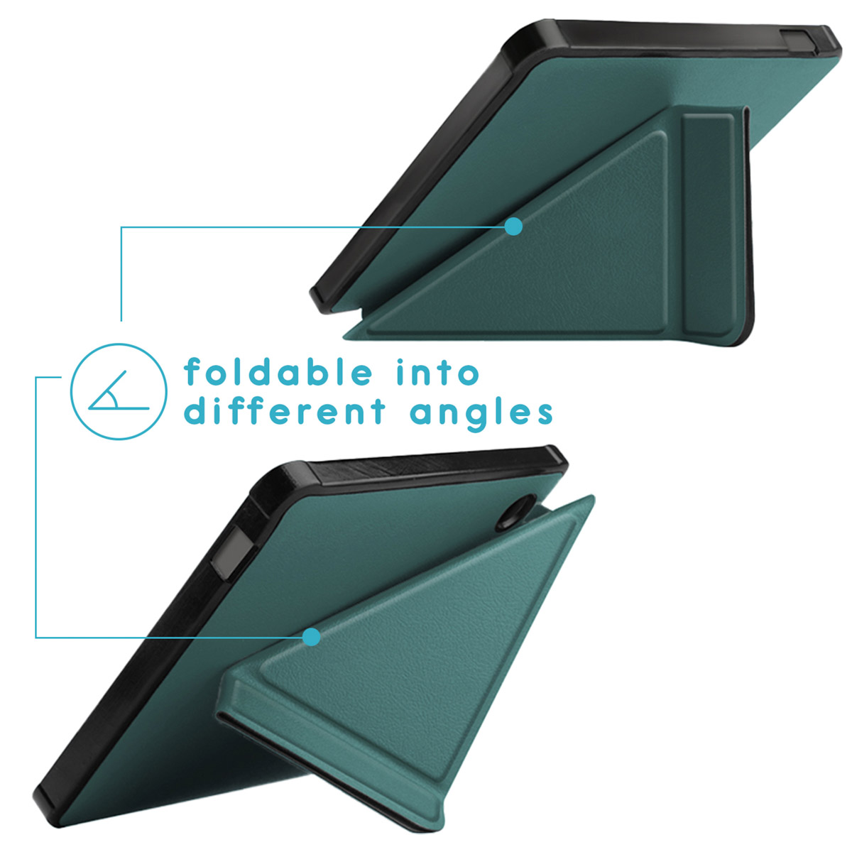 Une tablette dans un étui sarcelle est pliée sous deux angles différents. L'étui est noir et sarcelle. Le texte indique pliable en différents angles.