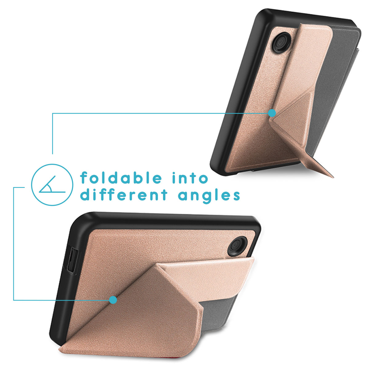 Une tablette avec un étui pliable, présentant différents angles. L'étui est or rose et noir.