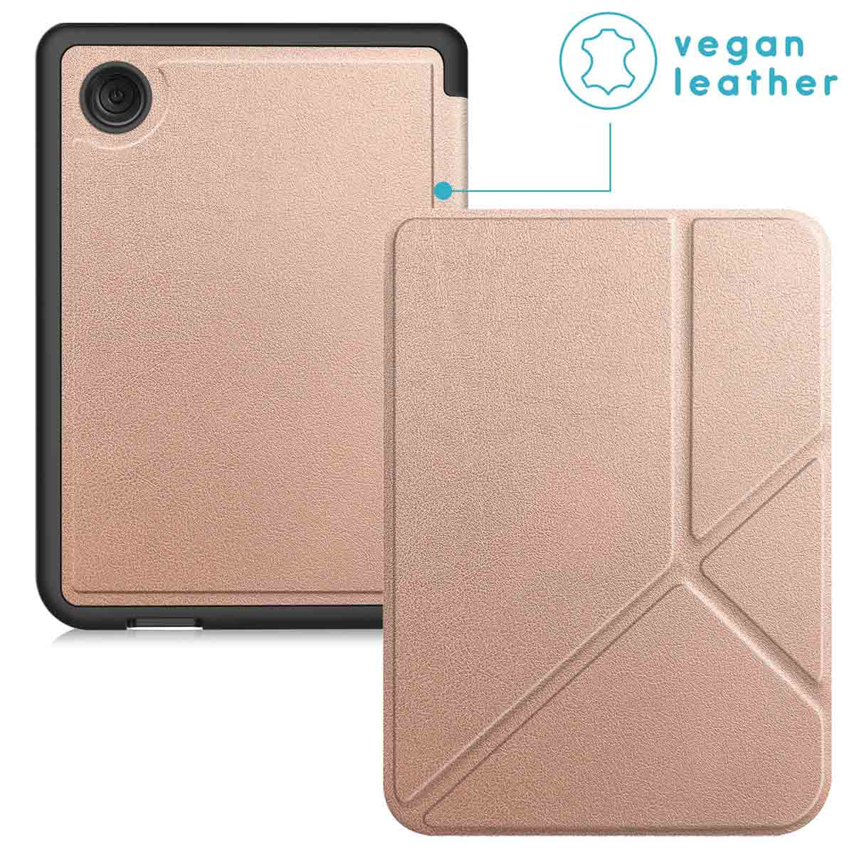 Tablette or rose dans un étui avec une couverture pliée. La couverture a une étiquette en cuir végétalien.