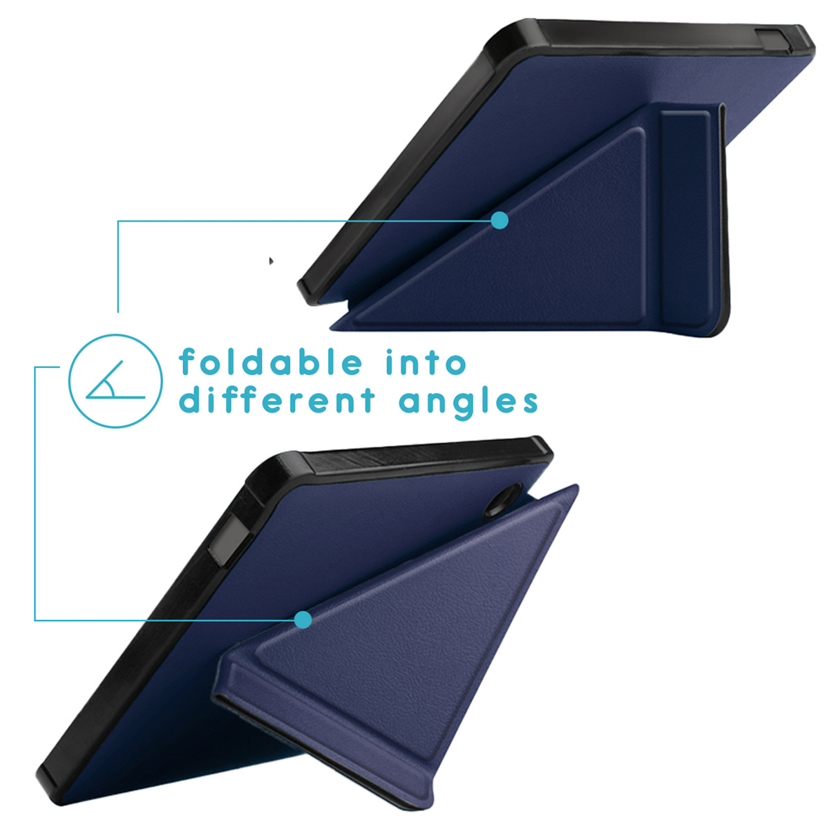 Un étui de tablette, bleu et noir, est présenté plié sous deux angles différents. Le texte indique qu'il est pliable sous différents angles.