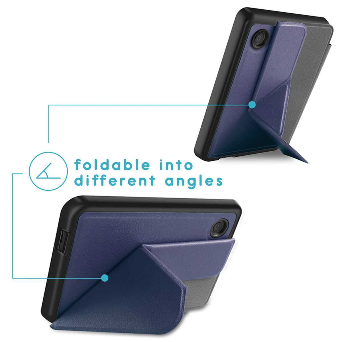 Twee tablets met opvouwbare hoezen worden getoond. De hoezen zijn blauw en grijs. Tekst geeft verschillende hoeken aan.
