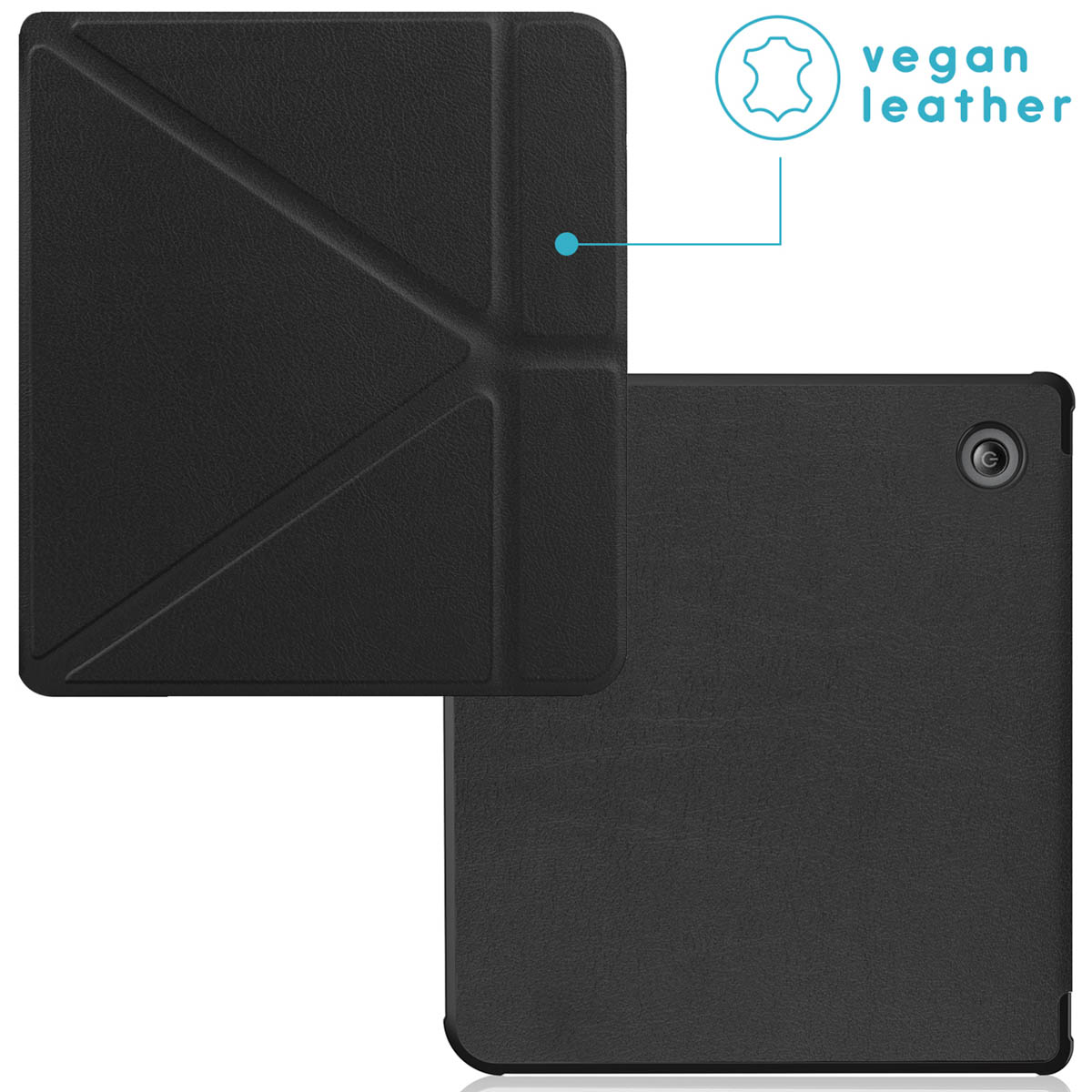 Zwarte vegan leren tablethoes. De hoes is opengeklapt en toont de binnenkant en de achterkant met de camera.