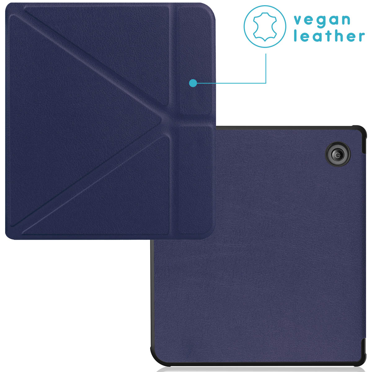 Un étui de tablette bleu marine, partiellement ouvert, révélant la tablette. Texte : 'cuir végétal'. L'étui a une surface texturée.